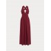 Wine Red V Neck Plaeted Beach Dress
