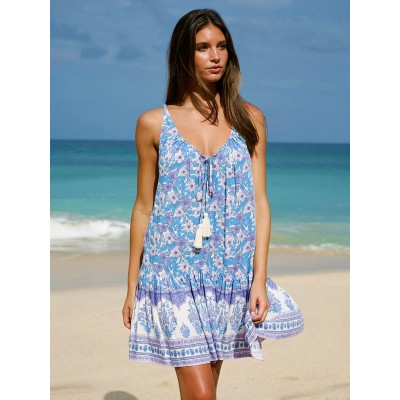 Purple Print Ruched Beach Dress