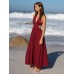 Wine Red V Neck Plaeted Beach Dress