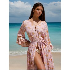 Pink Printed Ruffled Beach Dress