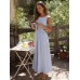 Pale Blue Smocked Strap Cutout Waist Beach Dress