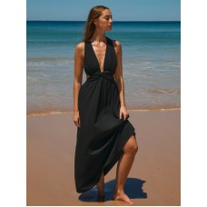 Black V Neck Plaeted Beach Dress