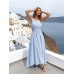 Pale Blue Smocked Strap Cutout Waist Beach Dress