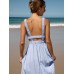 Pale Blue Smocked Strap Cutout Waist Beach Dress