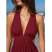 Wine Red V Neck Plaeted Beach Dress
