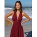 Wine Red V Neck Plaeted Beach Dress