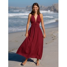 Wine Red V Neck Plaeted Beach Dress