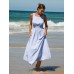 Pale Blue Smocked Strap Cutout Waist Beach Dress