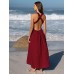Wine Red V Neck Plaeted Beach Dress