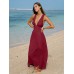 Wine Red V Neck Plaeted Beach Dress